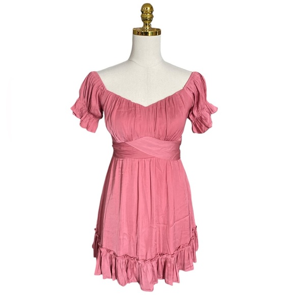 SAINTS+SECRETS Coral Off-Shoulder Babydoll Ruffle Tiered Tie-back Mini Dress M - Picture 4 of 10